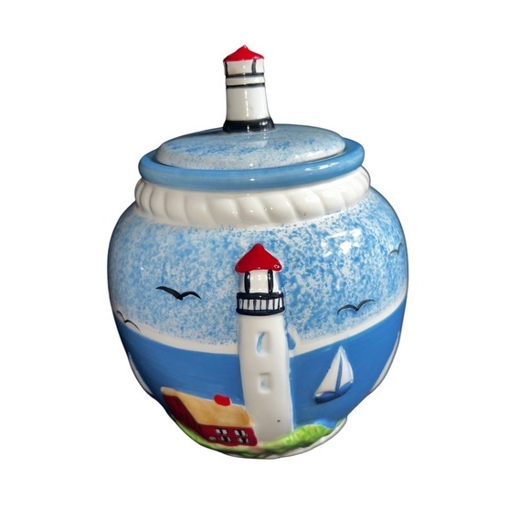 Casa Vero By ACK Hand Painted Ceramic Lighthouse Canisters Set 3 PCS - Picture 2 of 16